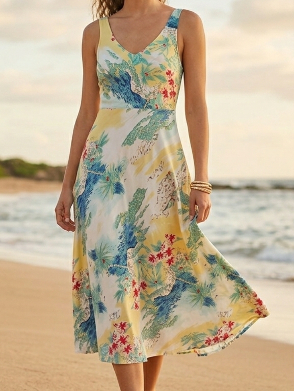American Living V-Neck Sleeveless Fit & Flare Midi Dress in Tropical Print